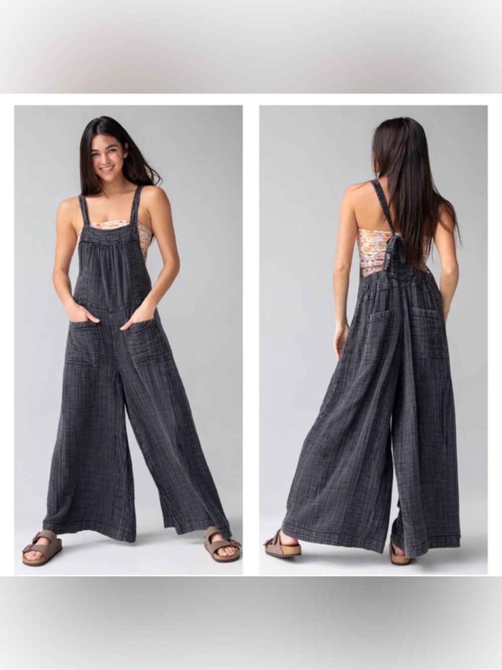 NATURAL LIFE Dakota Cotton Tie Lightweight Overall Black Washed Wide Leg Gauze